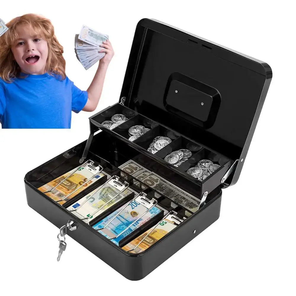 A black lockable metal cash box is open, displaying various stacks of money and jewelry inside.