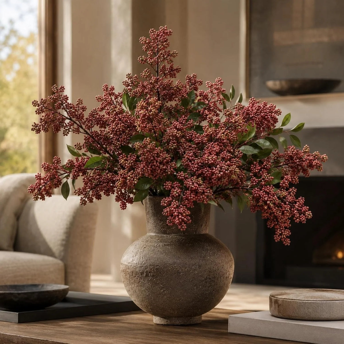 A faux branch of artificial nandina berry stem with dusty plum colored foliage and small pink berries displayed in a textured