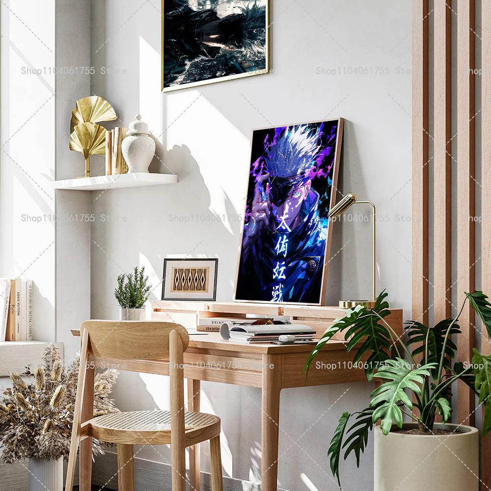 A framed poster of Gojo Satoru in a purple and blue aura hangs on a white wall next to a wooden desk.