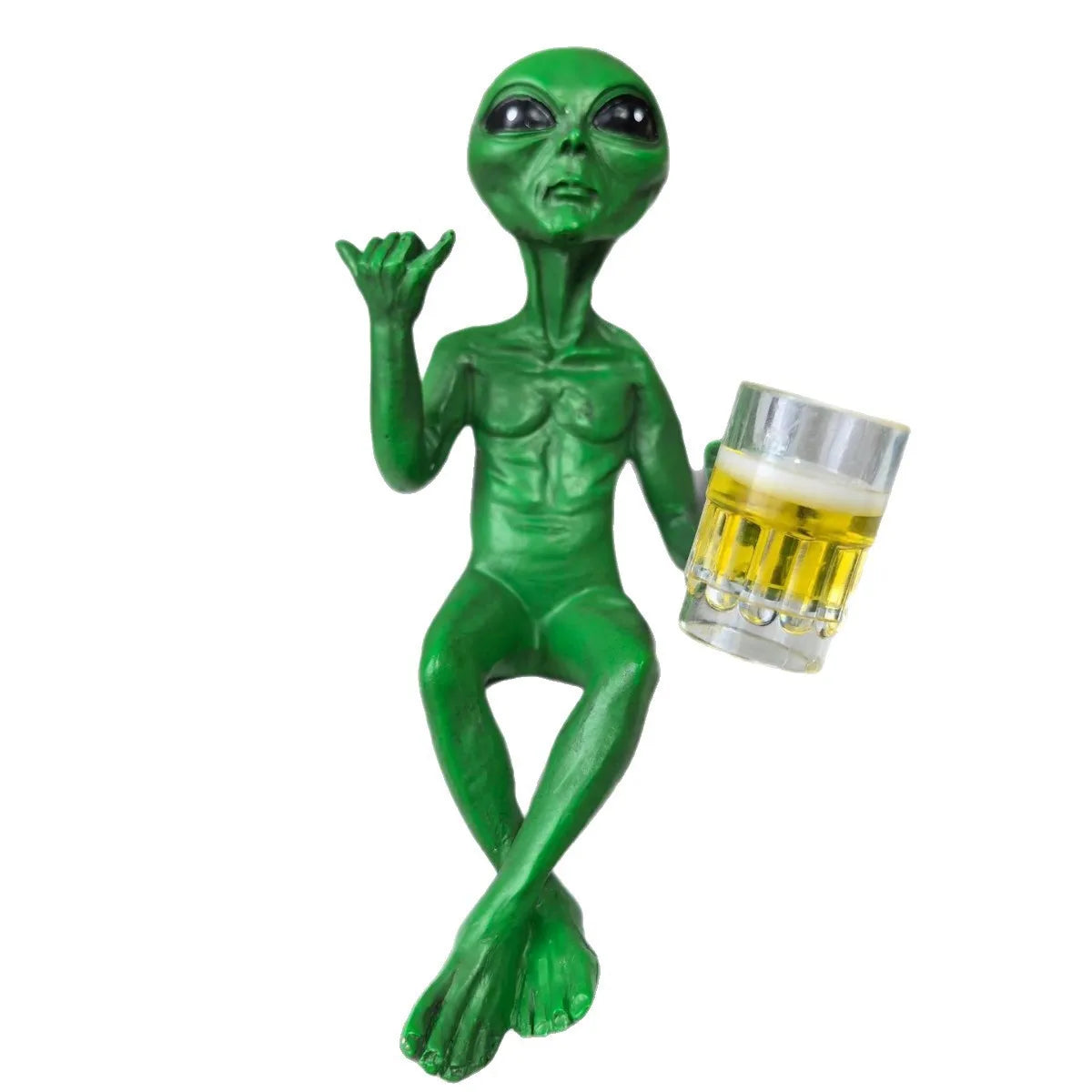 Green resin alien statue holding a beer mug for garden or desk decor