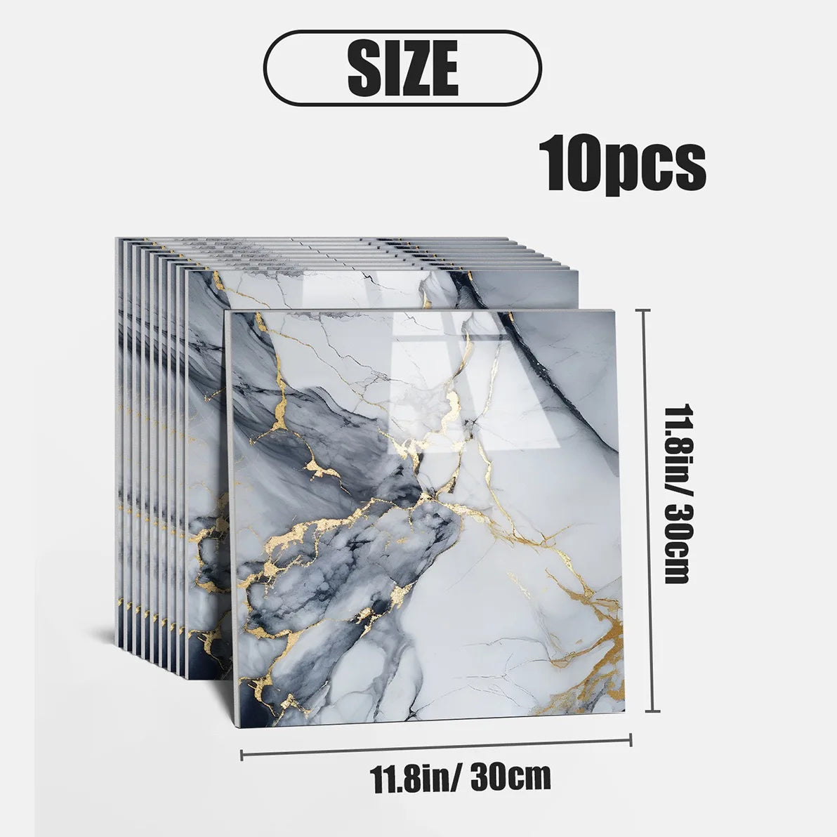 Ten pieces of gold marble pattern self-adhesive tiles with gray and white veining for wall decor