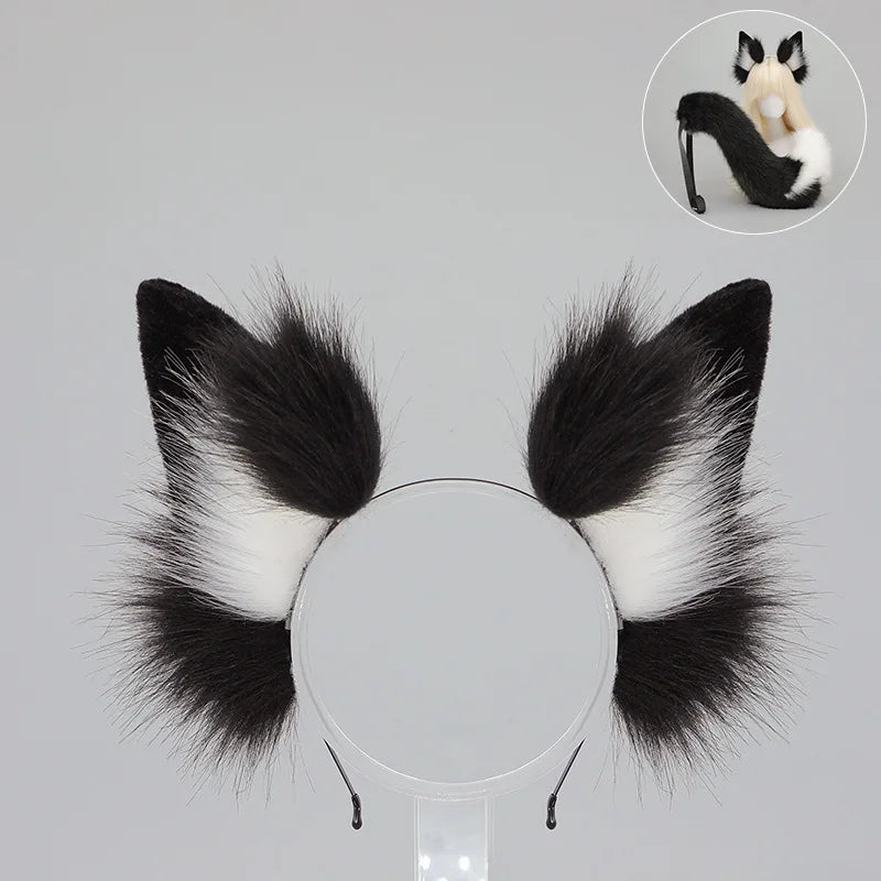 A black faux fur fox tail and ear costume set displayed against a light gray background.