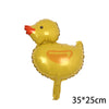 A yellow cartoon duck foil balloon used for birthday party decor.