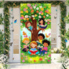 A vibrant floral door curtain banner featuring a large tree, colorful flowers, and smiling children in a bright green setting