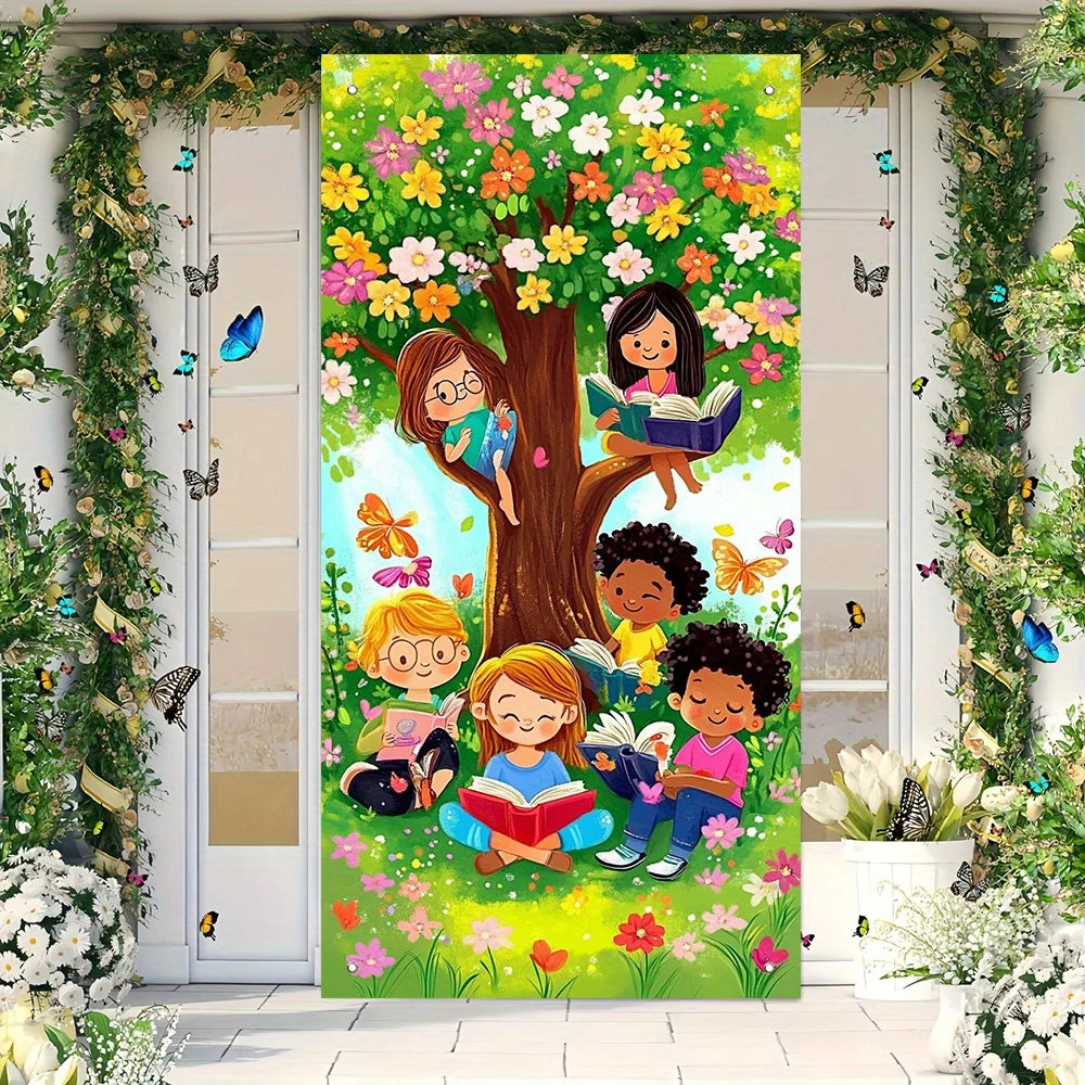 A vibrant floral door curtain banner featuring a large tree, colorful flowers, and smiling children in a bright green setting