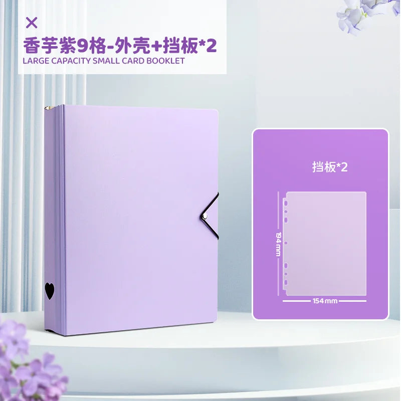 Purple large capacity small card booklet with two display boards shown next to it.