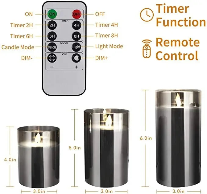 A set of LED flickering glass pillar candles and a remote control timer function shown with various sizes.