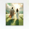 A painting depicting Jesus and Mary walking through a green field under bright sunlight.
