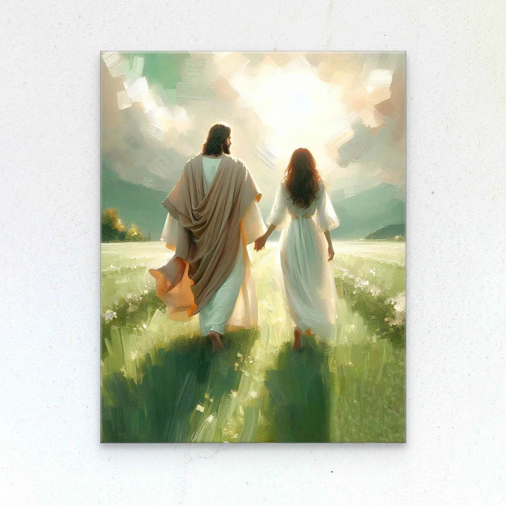 A painting depicting Jesus and Mary walking through a green field under bright sunlight.