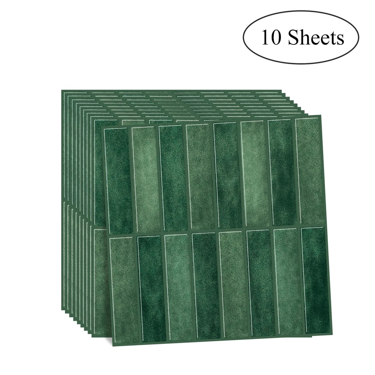A stack of ten sheets of dark green peel-and-stick waterproof wall tiles for kitchen and bathroom backsplashes.