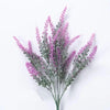 A sprig of purple lavender with delicate pink flowers and green foliage.