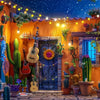 A vibrant outdoor scene featuring a Mexican carnival theme backdrop with cacti, colorful plants, and a wooden door.