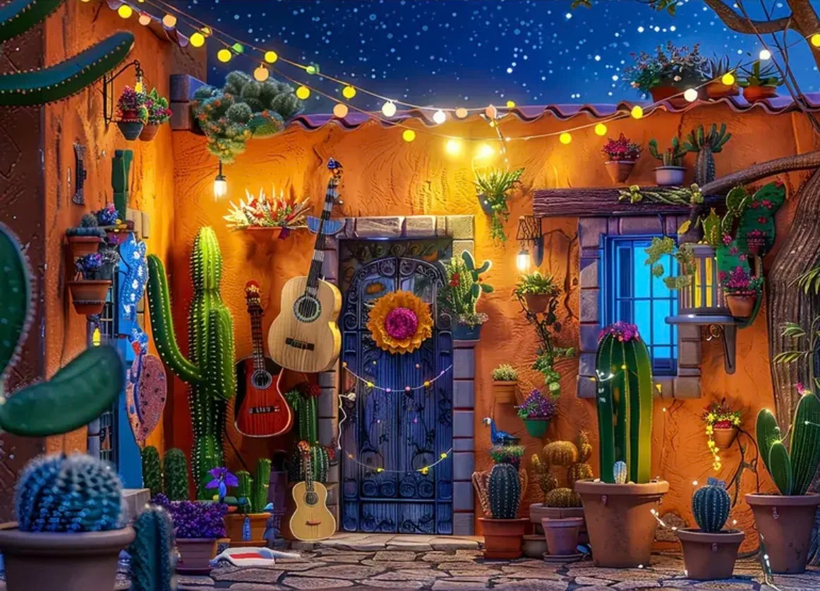 A vibrant outdoor scene featuring a Mexican carnival theme backdrop with cacti, colorful plants, and a wooden door.