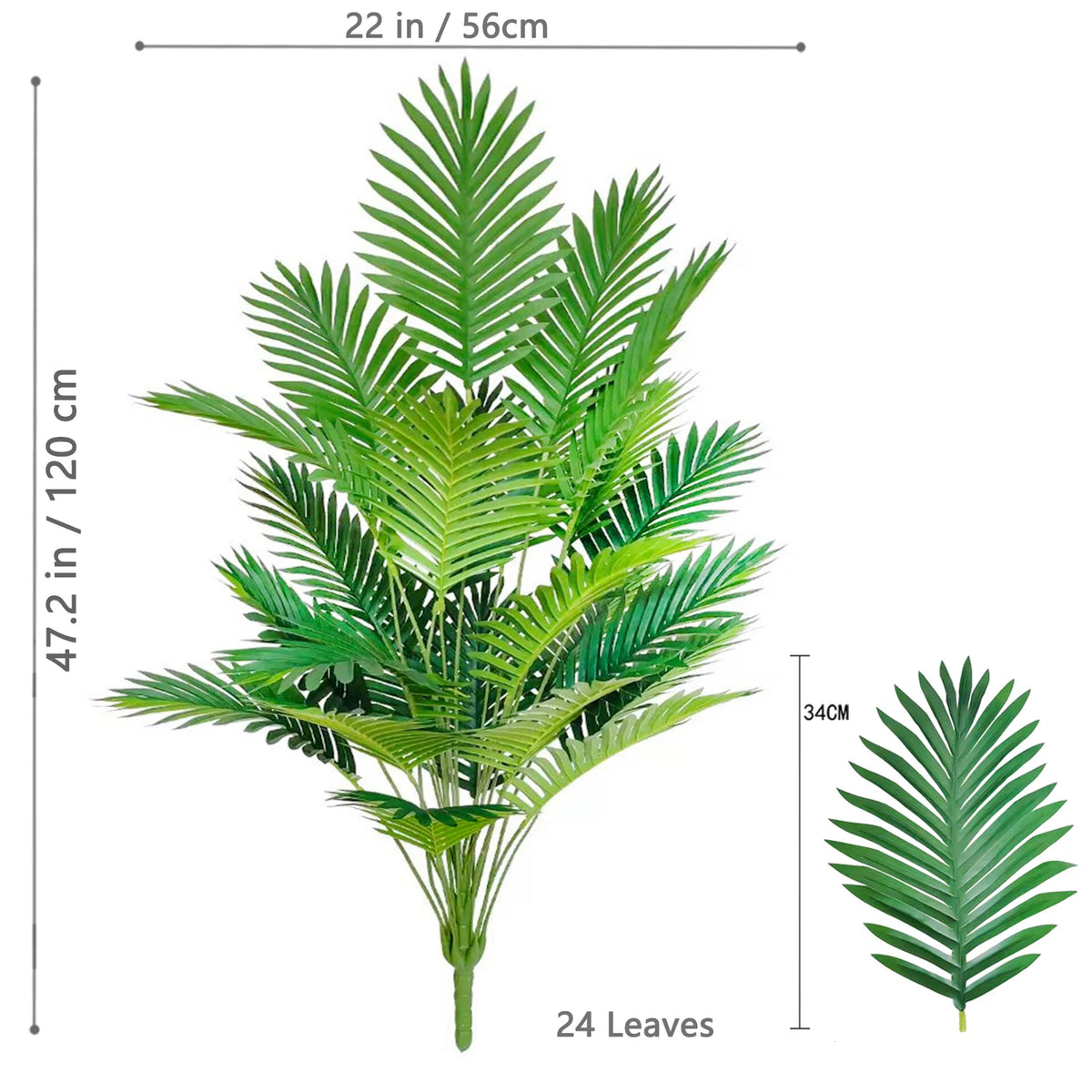 A realistic artificial palm tree featuring vibrant green silk leaves, shown with dimensions and a separate leaf view.