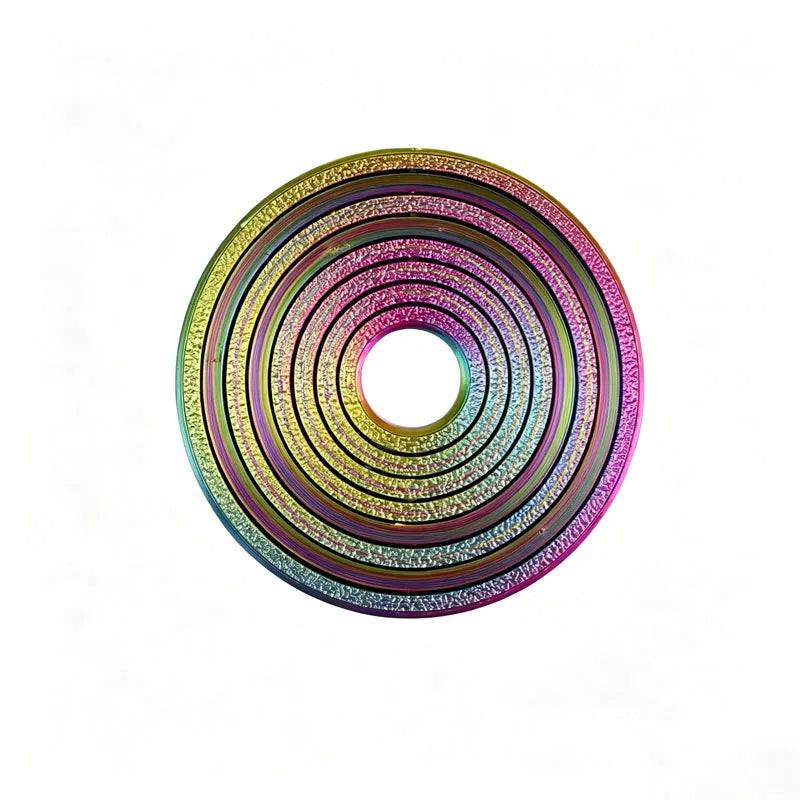 A colorful rotating ball spinner fidget toy with concentric rings of various vibrant colors.