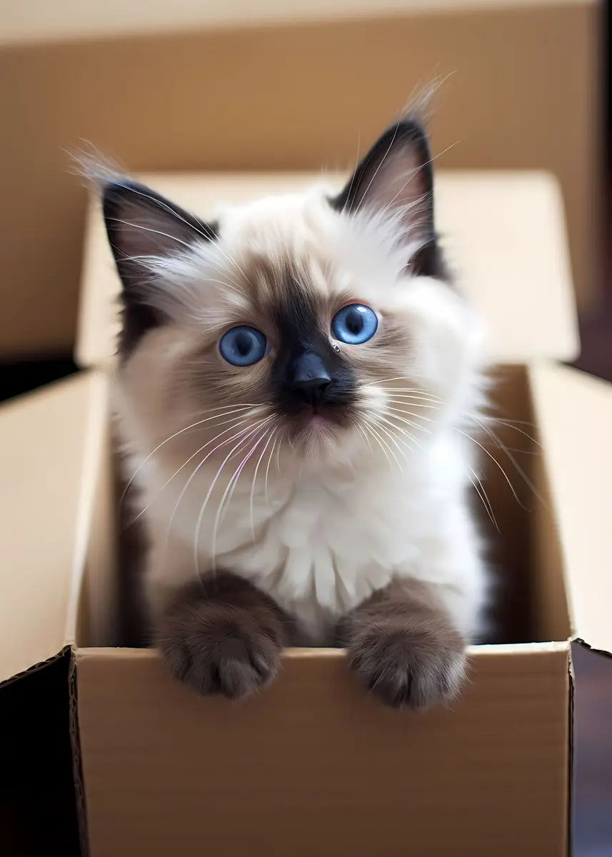 A fluffy, light gray and white kitten with bright blue eyes sits inside a cardboard box.