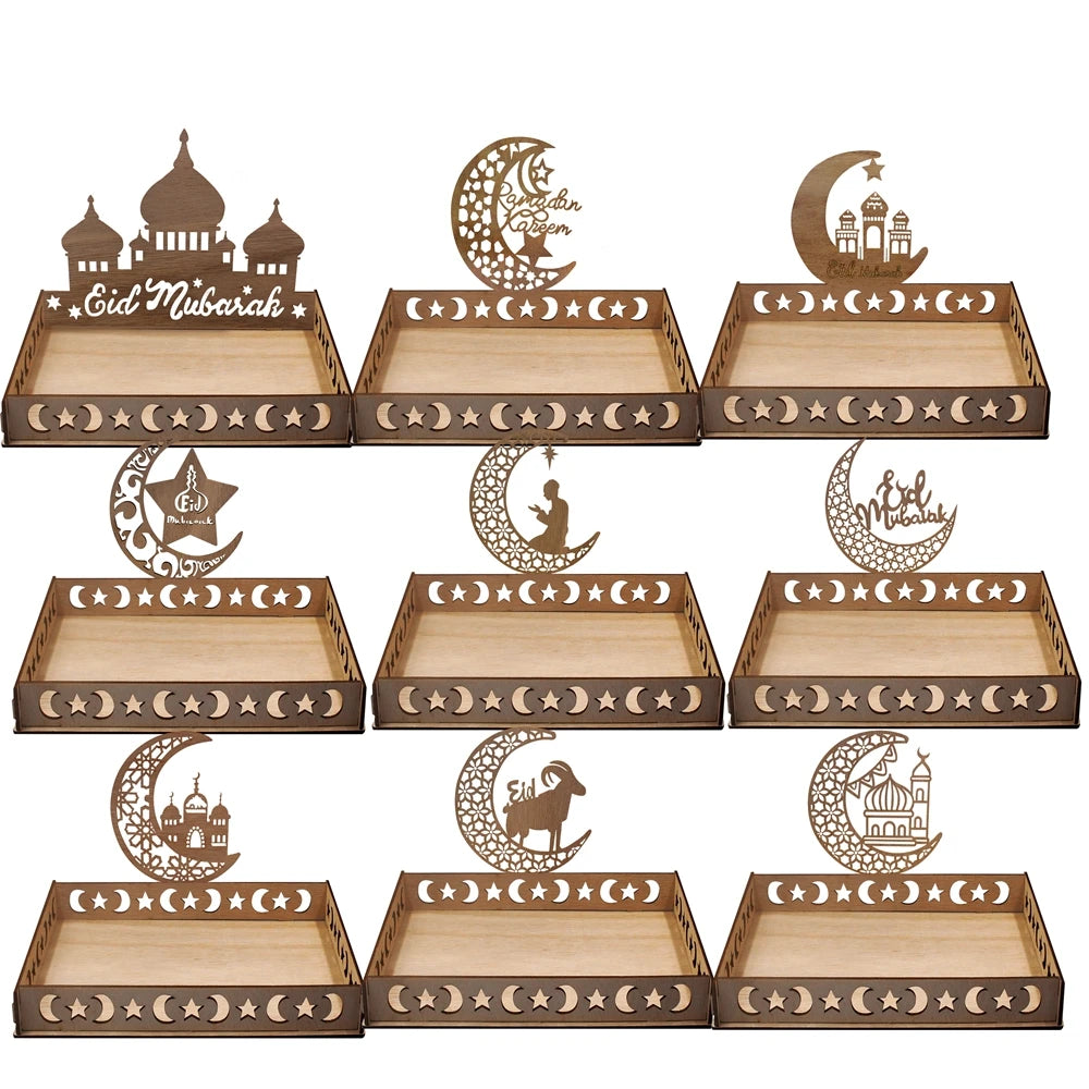 Colección de bandejas y platos de madera para Eid Mubarak y celebraciones de Ramadán