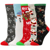 A pack of five Christmas women's socks featuring reindeer and tree patterns in various colors.
