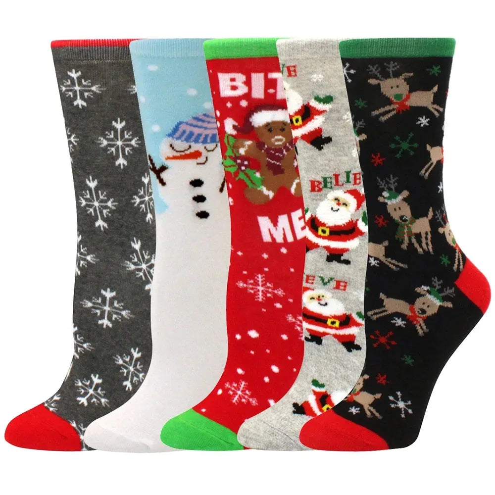 A pack of five Christmas women's socks featuring reindeer and tree patterns in various colors.