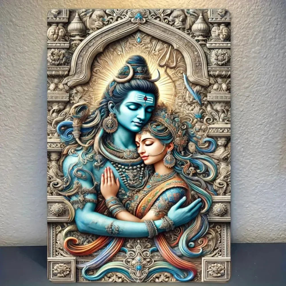 A detailed metal wall art statue depicting a divine couple, likely Durga and Lakshmi, in traditional Indian attire.