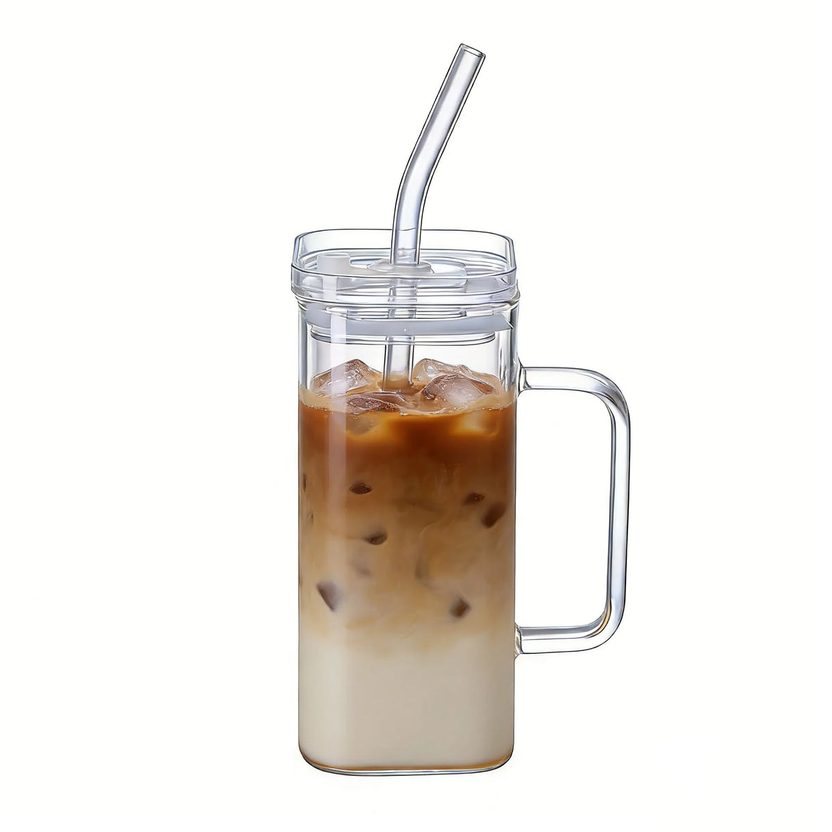 A tall glass mug filled with iced coffee, featuring a clear lid and a metal handle.