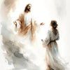 Watercolor painting depicting Jesus and a woman in a spiritual light, suitable for Christian wall decor.