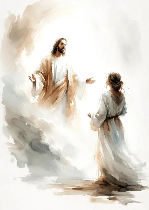 Watercolor painting depicting Jesus and a woman in a spiritual light, suitable for Christian wall decor.