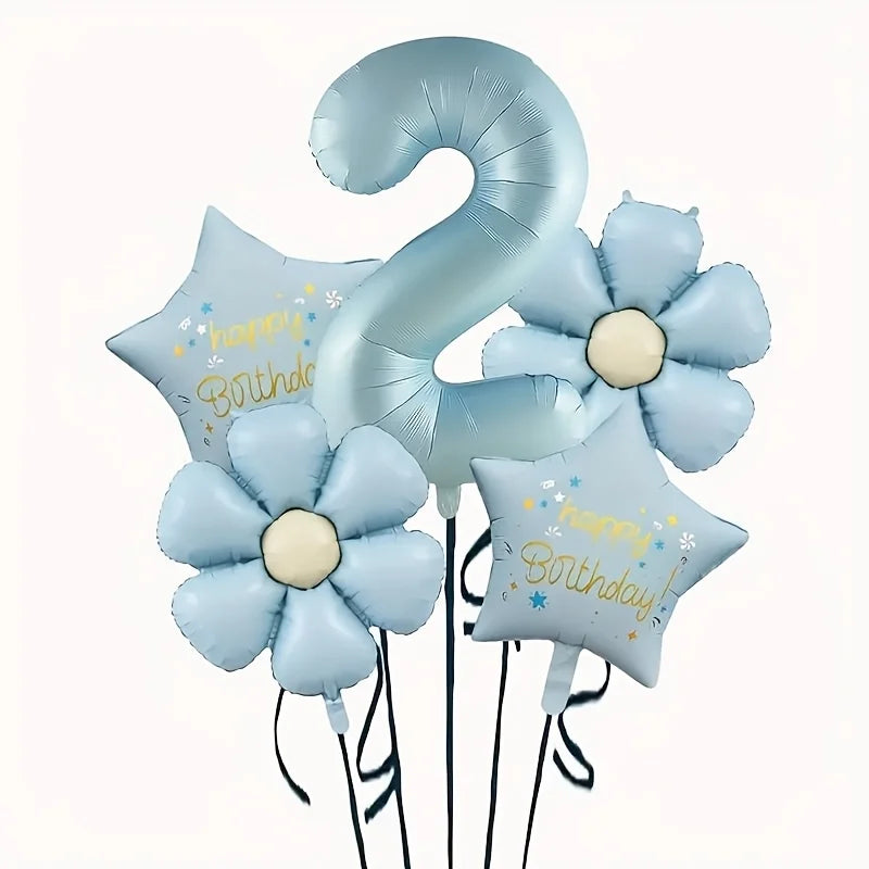 A set of light blue foil balloons shaped like the number 2 and a star, used for birthday celebrations.