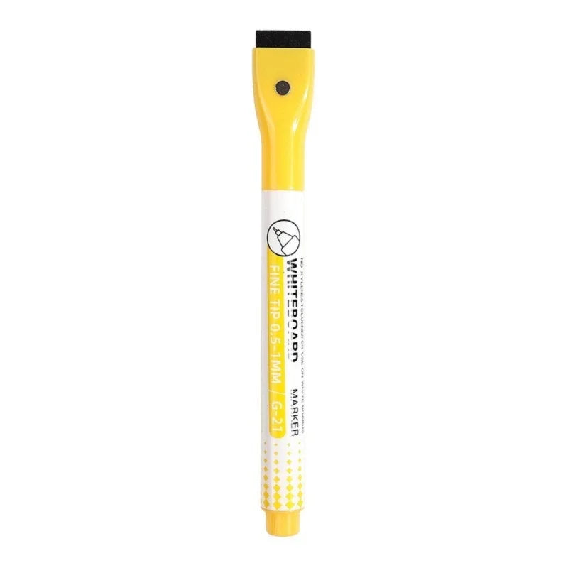 A yellow magnetic dry erase marker with a black cap and white barrel.