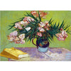 A still life painting featuring a bouquet of pink and orange flowers in a dark vase on a wooden surface.