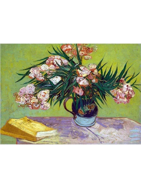 A still life painting featuring a bouquet of pink and orange flowers in a dark vase on a wooden surface.
