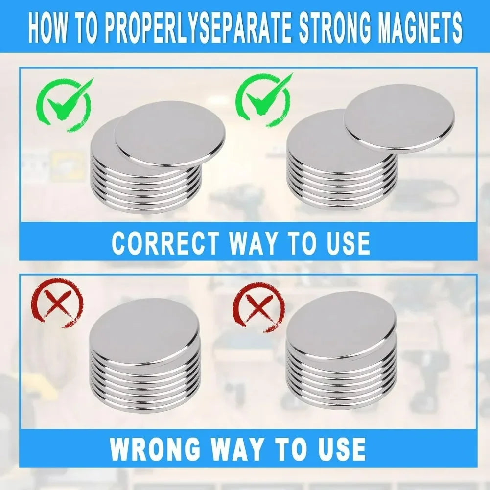 Diagram showing the correct and incorrect ways to use strong round neodymium magnets