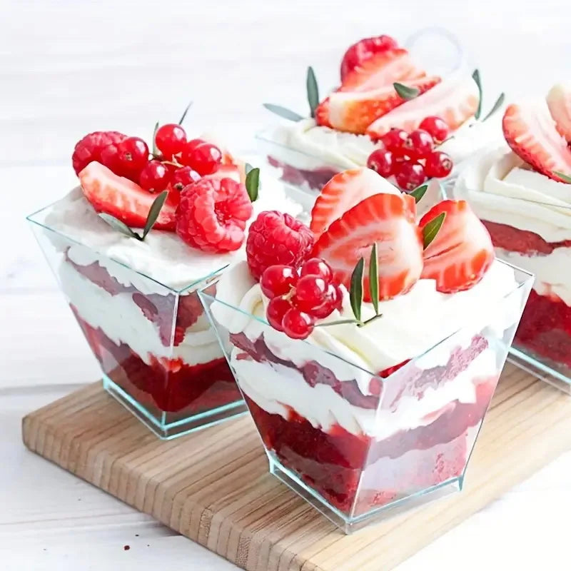 Clear Plastic Mini Dessert Cups with Spoons – Square Parfait & Appetizer Bowls for Parties