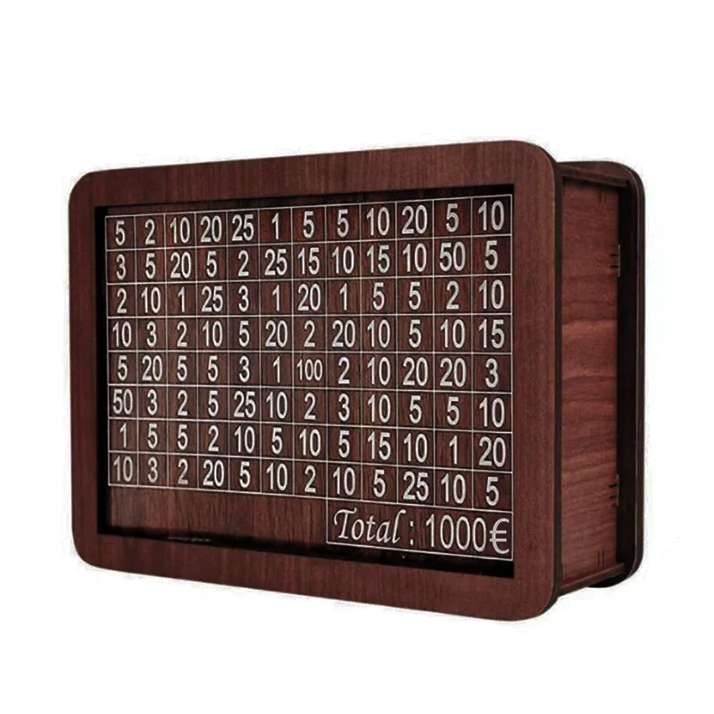 A wooden piggy bank with a savings goal tracker showing various numbered savings options.