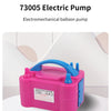 A pink electric balloon pump with a blue handle and controls is shown on a white surface.