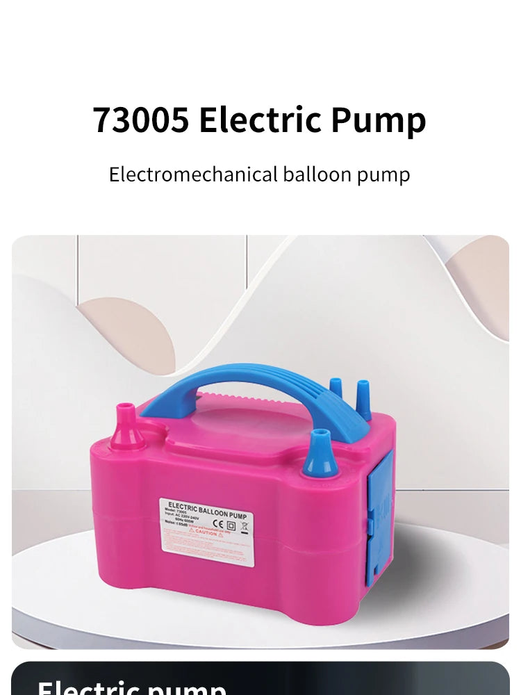 A pink electric balloon pump with a blue handle and controls is shown on a white surface.