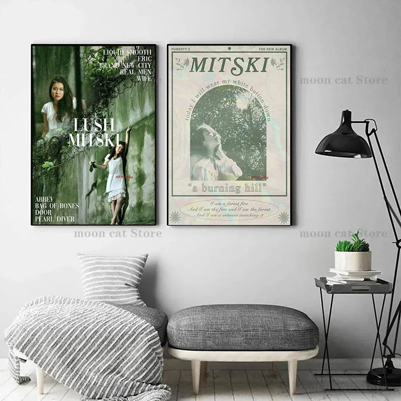 Canvas wall art featuring album covers for Lush Mitski and Mitski titled Today I Will Wear My White Button Down and A Burning