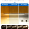 Under-cabinet lighting options showing warm, natural, and white light modes with adjustable brightness.