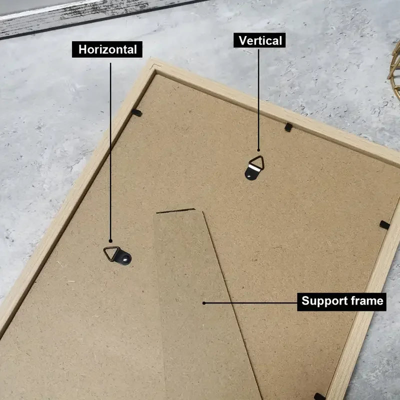 Three wooden picture frames shown with support frames and acrylic fronts, illustrating horizontal and vertical orientation.