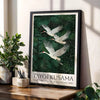 A framed canvas print featuring a white crane in flight against a dark green, starry background.