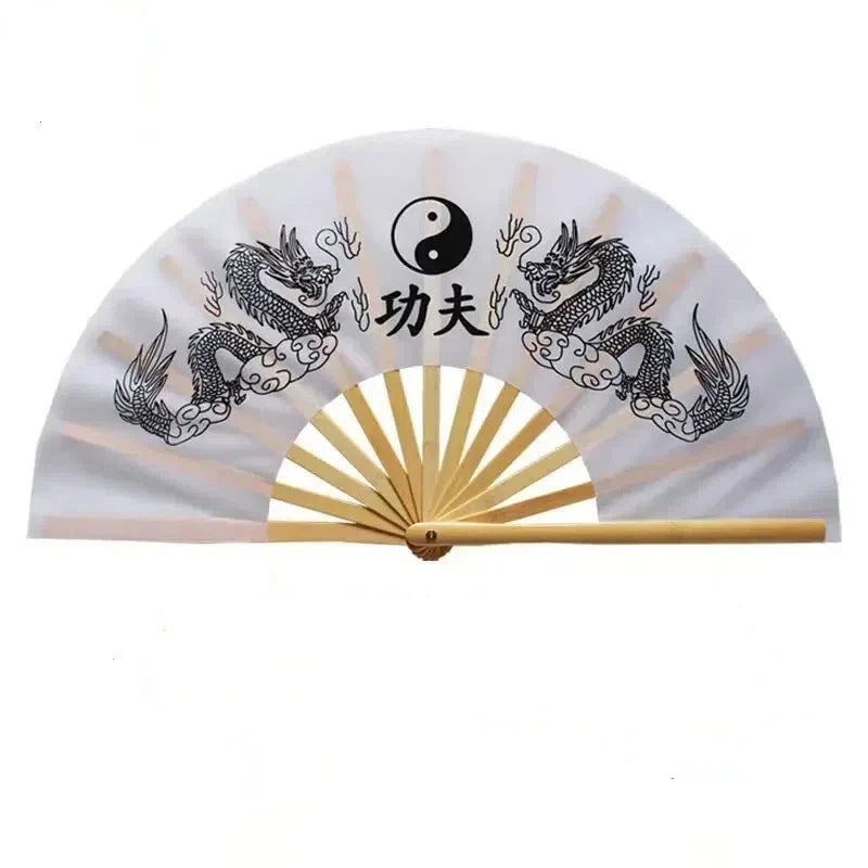 Traditional bamboo folding fan featuring dragons and a yin-yang symbol for martial arts and fitness