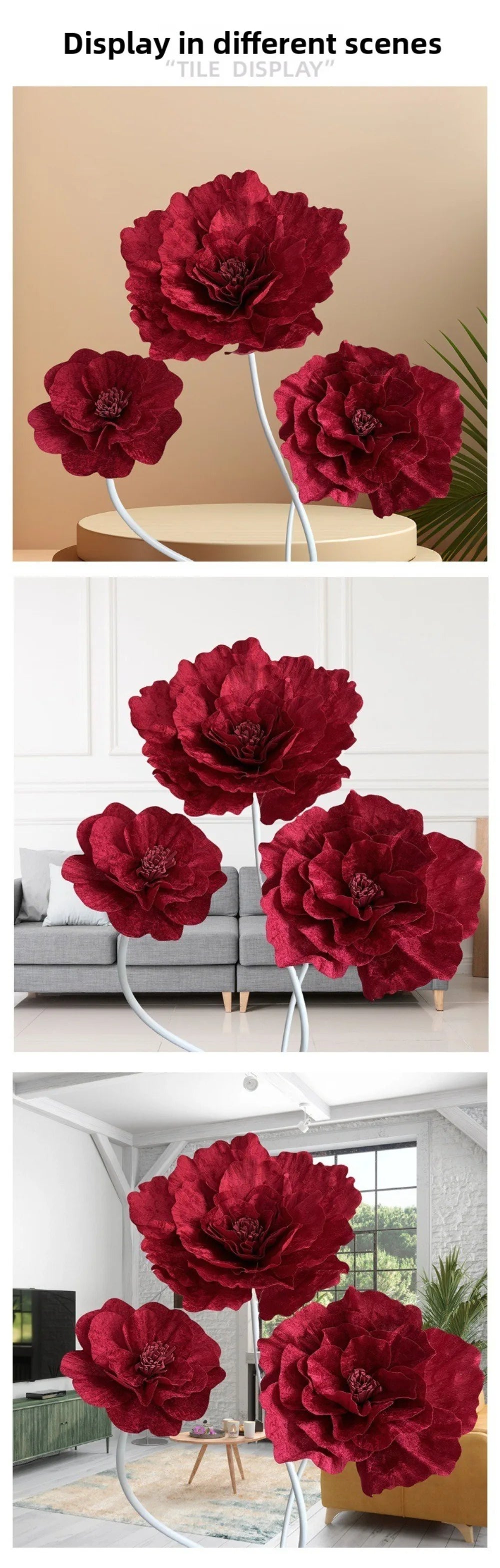 Display of large, deep red velvet artificial peony flowers in various decorative scenes.