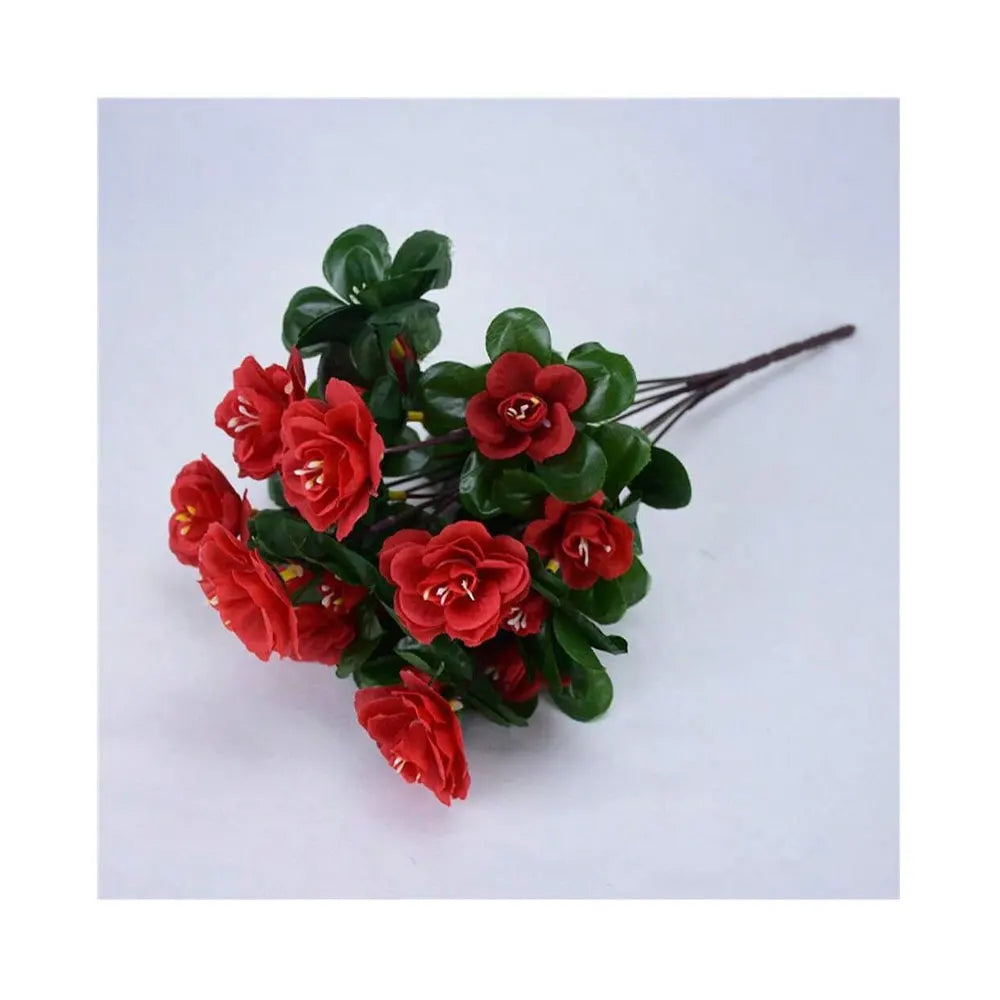 A cluster of artificial red azalea flowers and green leaves on a thin stem for outdoor decoration.