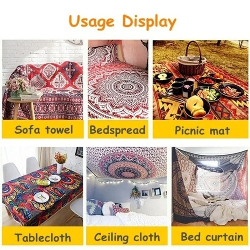 A collection of textile products including a sofa towel, bedspread, picnic mat, tablecloth, ceiling cloth, and bed curtain.