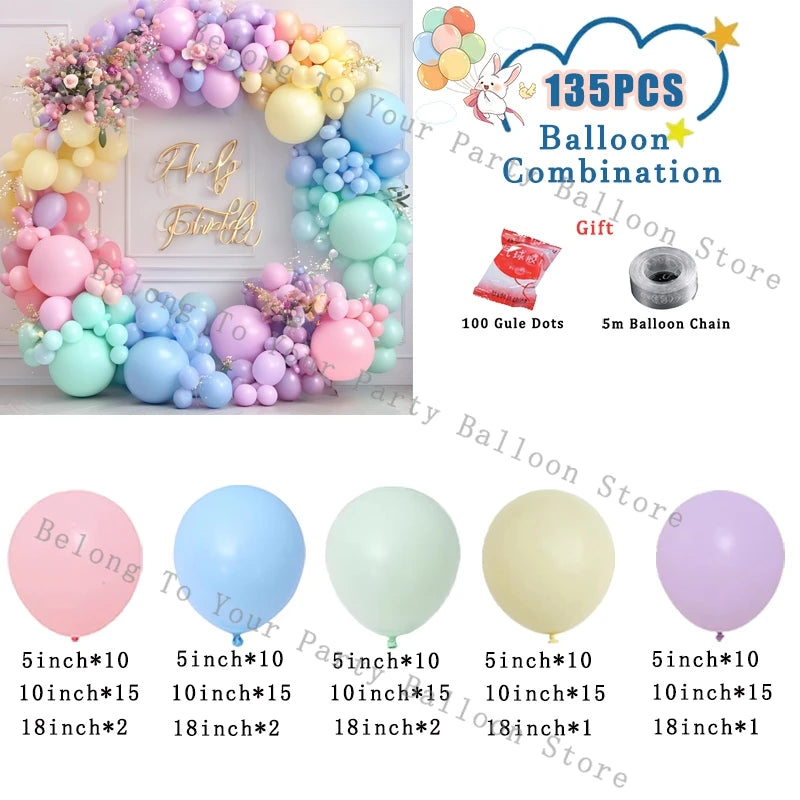 Pastel macaron balloon garland arch kit featuring various colored balloons and accessories