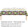 Tablecloth featuring a colorful pattern of characters and designs for a birthday party