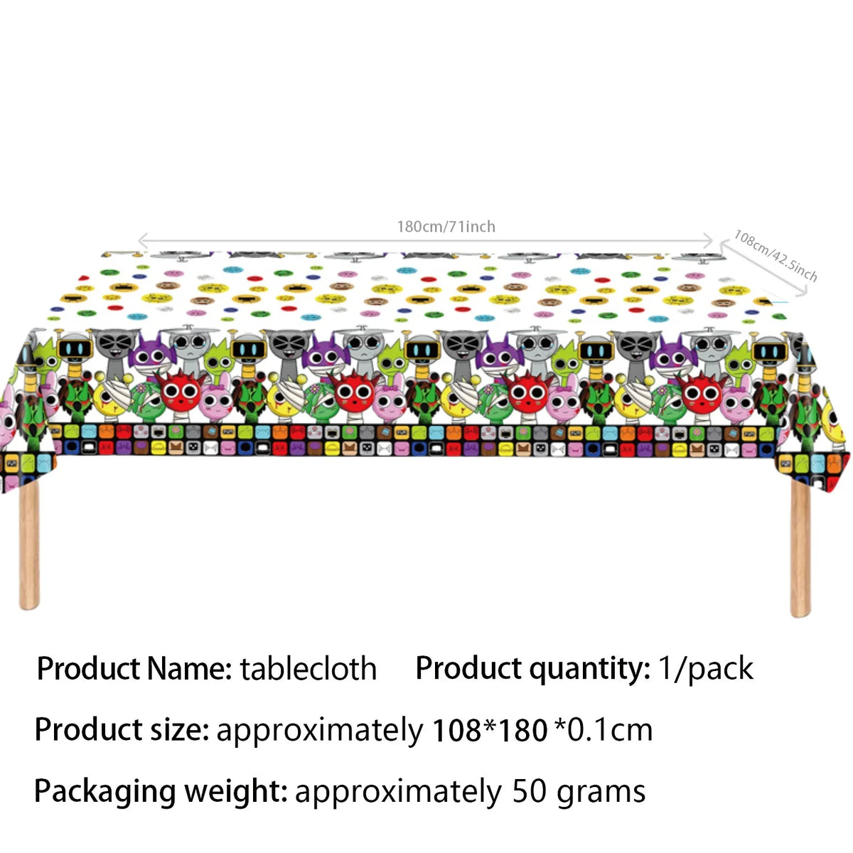 Tablecloth featuring a colorful pattern of characters and designs for a birthday party