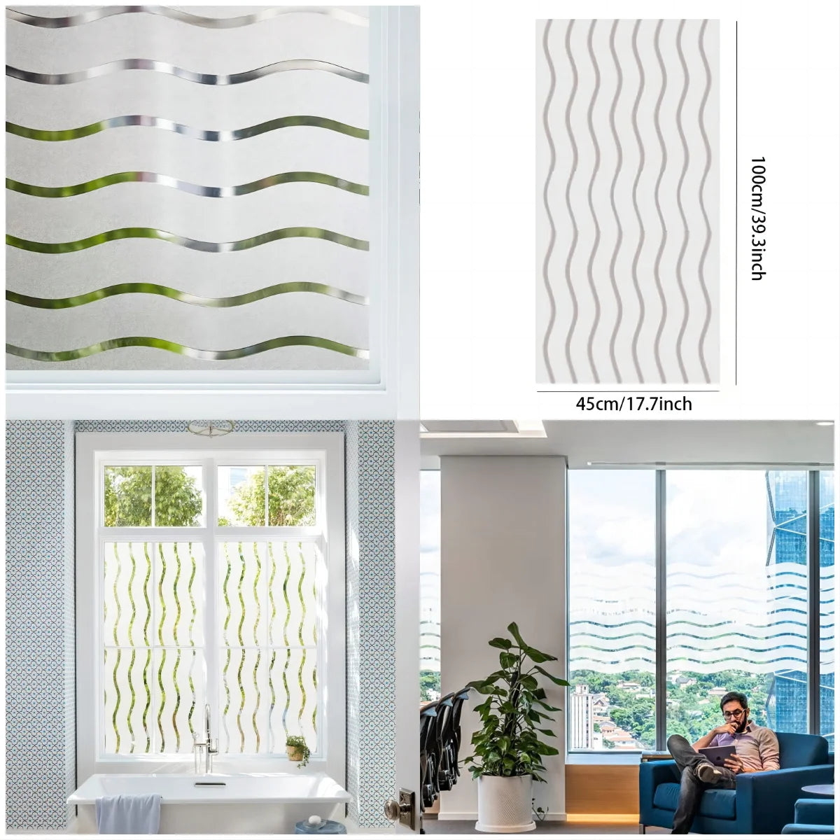 A close-up of a window featuring a wavy green and silver frosted glass privacy film applied to the glass.
