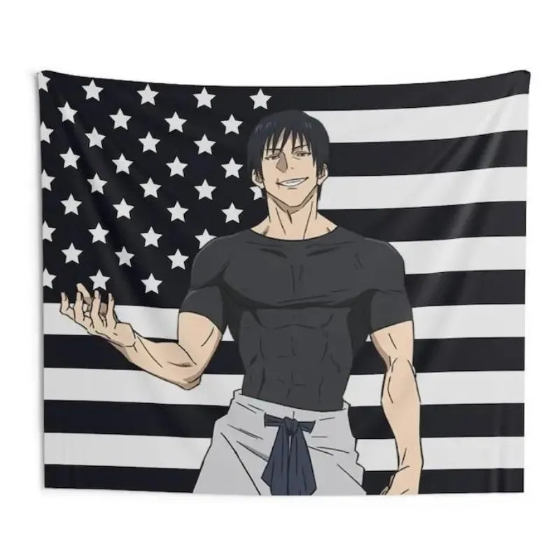 Anime character standing in front of a black and white American flag background.