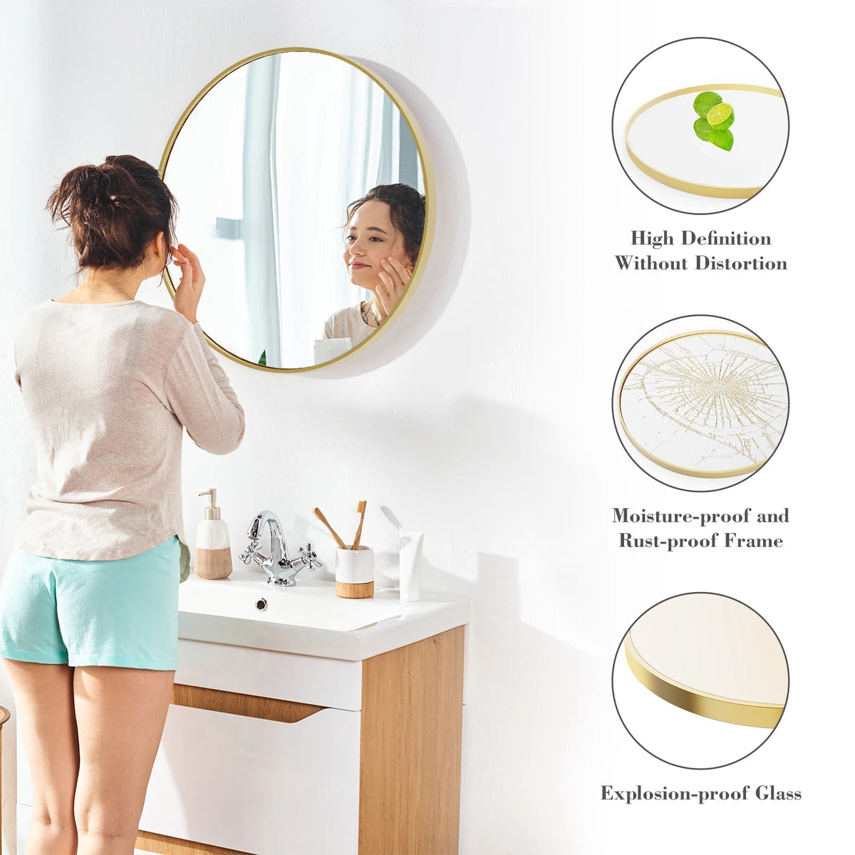 A woman looks into a large round vanity mirror with a matte metal frame, highlighting its high definition and explosion-proof